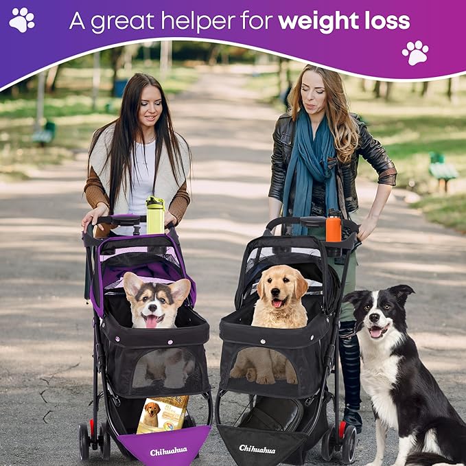 Pet Stroller,Dog Stroller for Small Medium Dogs Cats,3 Wheels,Foldable,with Breathable Mesh Canopy,Cup Holders,Easy Assembly,Purple