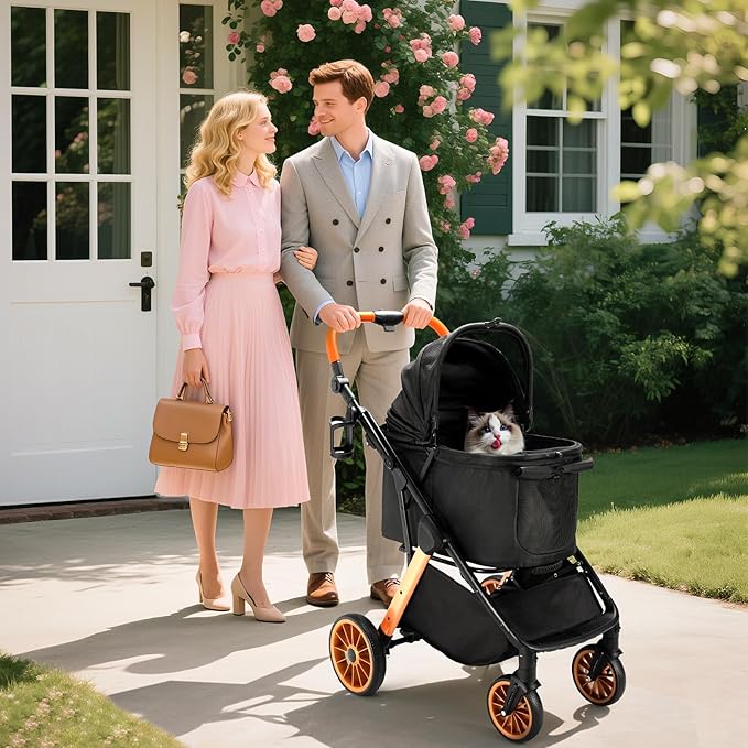 MAMIZO Foldable Dog Stroller for Medium Dogs Cats Up to 55 Lbs, Adjustable Height Handle, Pet Stroller with Aluminum and Carbon Steel Frame, Sun Shades, Storage Basket & Shock Absorbers, All-Terrain