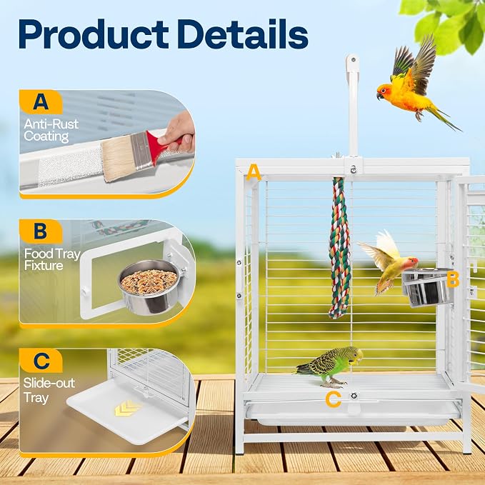 VIVOHOME 19 Inch Wrought Iron Travel Bird Cage for Cockatiel Parakeets | Bird Travel Carrier Cage with Wooden Handle/Perch, Slide-out Tray for Small Parrots Conures Lovebirds Canaries Finches, White - Image 5