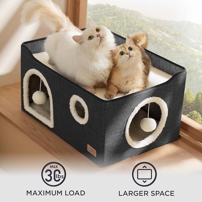 Bedsure Extra Wide Cat House Bed with Fluffy Ball and Scratch Pad | Dark Grey 23.6x16.9x13 in,Indoor Cat Cave for Multiple Pets, Foldable Cat Hideway Cube for Sleeping Large Cat and Kitten - Image 4