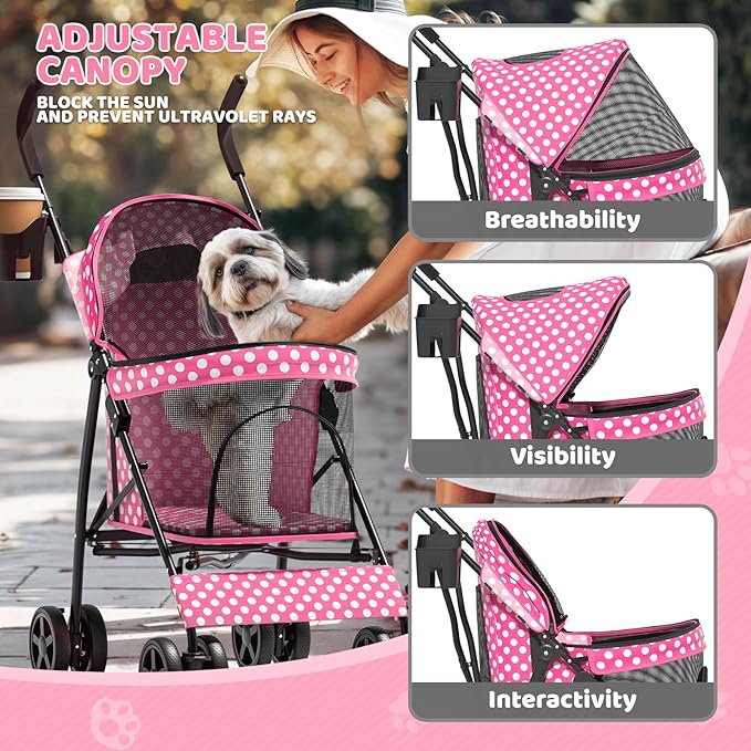 Magshion Compact Pet Stroller for Small-Medium Dogs/Cats up to 22lbs, 4-Wheel Lightweight Umbrella Shaped Portable Puppy Travel Jogger with Breathable Mesh, Cup Holder & Rear Storage, Pink Polka Dots