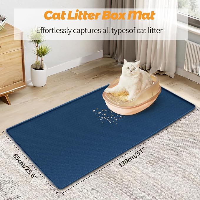 Cat Litter Mat for Litter Box 51"x25.6" Extra Large Silicone Mat, Blue | Waterproof Non-Slip Litter Box Mat with Raised Edges, Cat Litter Trapping Mat for Pet, Cat Litter Rug for Floor - Image 2