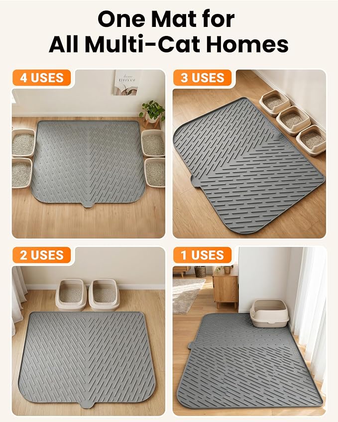 Cat Litter Box Mat, 47" x 37" Extra Large Cat Litter Mat, Silicone Waterproof Litter Trapping Mat for Scatter Control Soft on Kitty Paws Non-Slip Easy to Clean (Gray) - Image 6