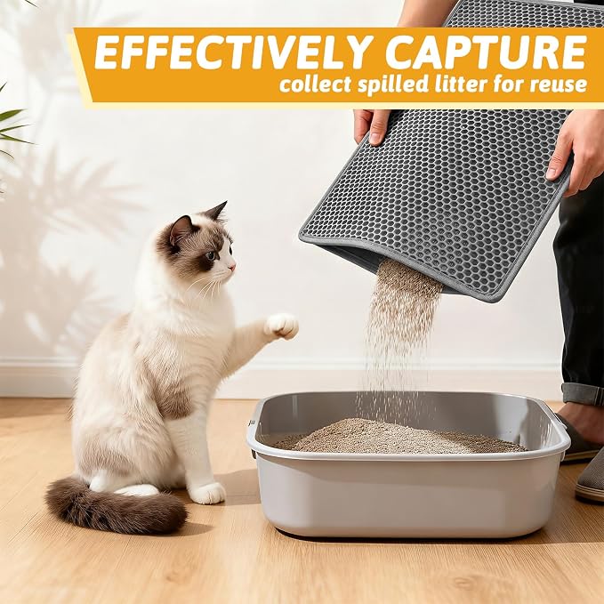 Pieviev Cat Litter Mat Double Layer Waterproof Urine Proof Trapping Mat 1 Pack (Gray, 24x15 Inch (Pack of 1)) | Honeycomb Design Catches Scattered Particles to Stop Tracking, Urineproof Base Protects Floors, Easy to Clean - Image 3