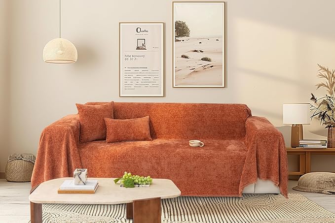 Burnt Orange Thick Slub Chenille Couch Cover Ultra Soft for All Shape Sofa Couch Furniture Protector, Orange Sofa Slipcover Protector for Dogs Pets Kids XL 71x134’’ | for All Shape Sofa Couch Furniture Protector, Orange Sofa Slipcover Protector for Dog... by TOYROOM