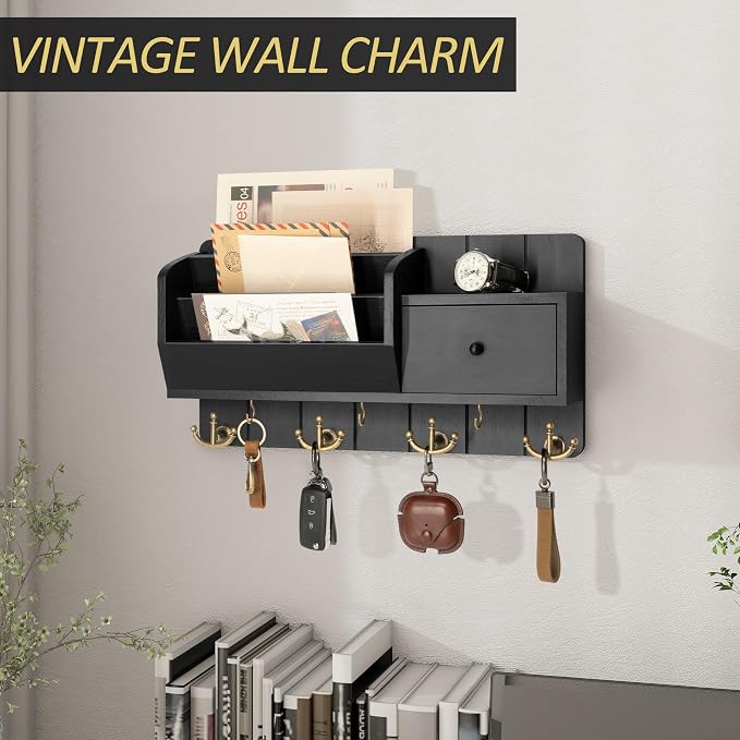 Rebee Vision Key Holder Wall Mount with 7 Key Hooks and Drawer, Black | 3 Mail Sorters, Mini Drawer, Sorts Letters, Stores Small Items, Mail and Key Organizer for Wall, Ideal for New Apartments - Image 5