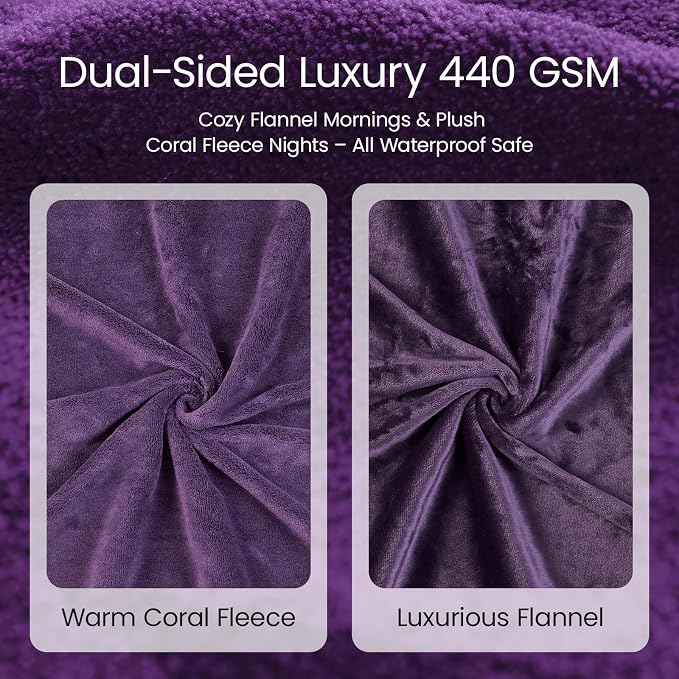 LOOBANI Waterproof Blanket for Bed Full/Queen, Reversible Leakproof 80"x90" | Deep Purple, Soft Flannel & Coral Fleece Bed Blanket, Water Resistant for Couch Cover, Movie Nights, Camping, Pet-Friendly - Image 2