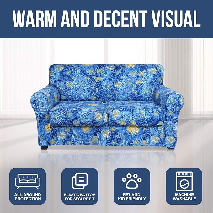 hyha Stretch Couch Cover, Sofa Covers for 2 Separate Cushion Couch Washable | Loveseat Cover, Floral Pattern, Printed, 3 Pieces, 2 Seater Furniture Protector with Elastic Bottom for Dogs, Pet Friendly - Image 8