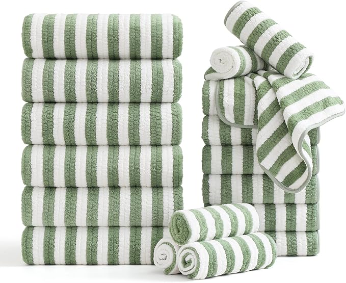 Smuge 18 Pcs Bath Towel Set, Include 6 Bath Towel Sheets, 6 Hand Towels and 6 Washcloths - Highly Absorbent Quick Dry Microfiber,Ultra Soft Bathroom Towel Set with Hanging Loop - Light Green by Smuge