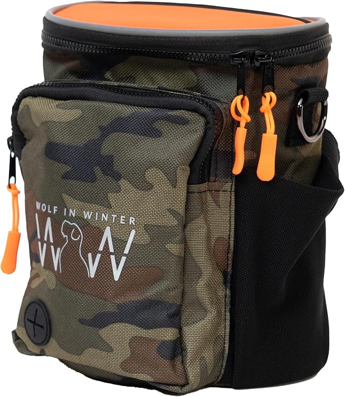 Quickdraw XL Dog Treat Pouch – Multipurpose Training Bag with Waste Bag Dispenser, Phone Pocket, Water Bottle Holders and 3-Way Strap – Durable and Reflective (Orange/Camo) by WolfInWinter