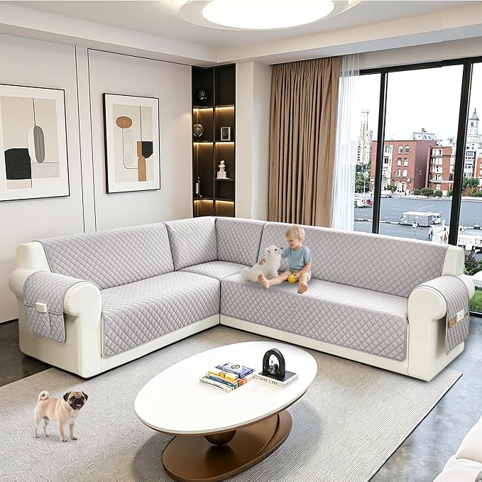Sectional Couch Covers for Dogs 100% Waterproof Corner L Shaped Sofa Cover Pet Friendly Velvet Washable Anti Slip L Shape Modular Sofa Slipcover Protector with Pockets (Pale Gray, XL Plus) - Image 6