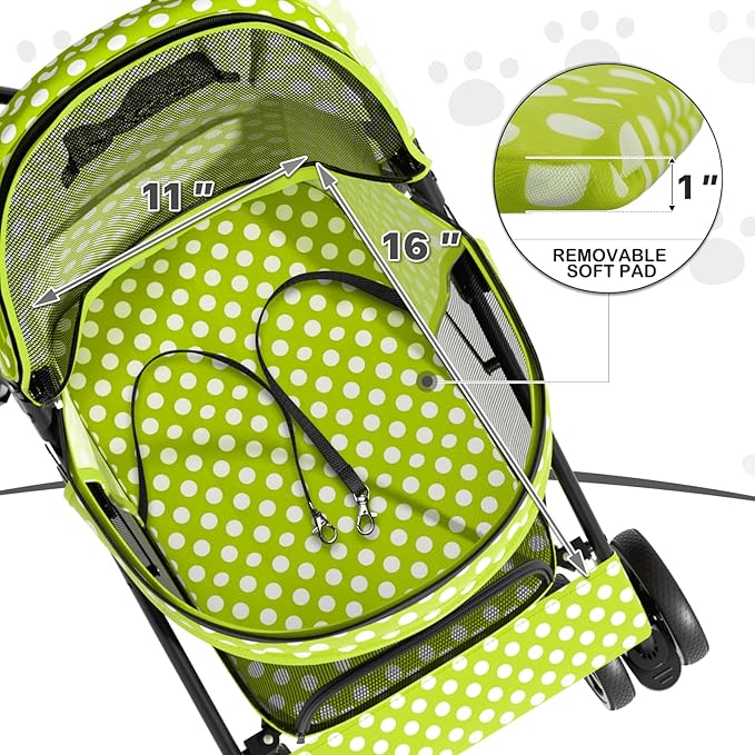 MoNiBloom 4 Wheels Pet Stroller, Easy-Fold Umbrella Shaped Dog Cat Jogger Stroller w/Storage Bag & Visible Mesh for Small/Medium Dogs Cats Lawn Green Polka Dots
