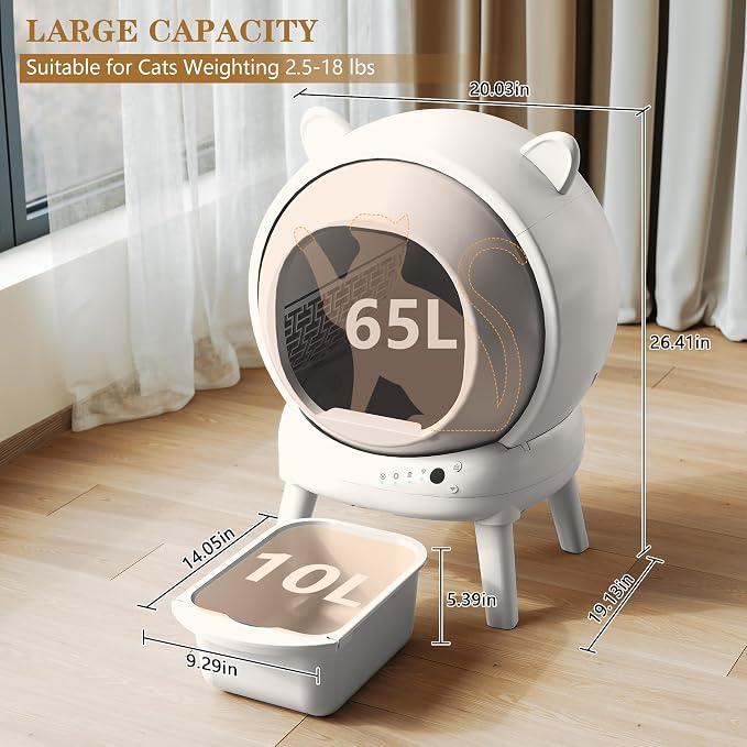 PUPETPO Self Cleaning Litter Box, Automatic Cat Litter Box for Multiple Cats, Auto Litter Box Robot with APP Control, Dual Safety Sensors, Odor Control&Low Noise, Cat Ears Design, Ivory White - Image 3