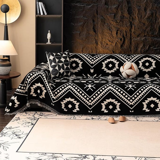 VClife Bohemian Couch Cover for Sofa Washable Chenille Sofa Cover, White Black Tribal Geometric Sofa Slipcover Vintage Sofa Slip Cover for 2 Cushion Couch 71" X 118" by VCLIFE
