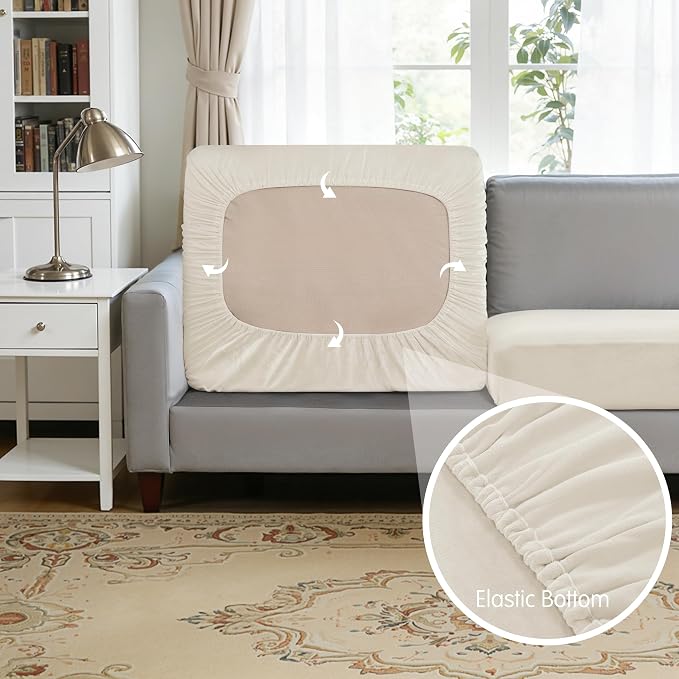 Hokway Velvet Couch Cushion Covers Water Resistant Seat Covers Stretch Sofa Cushion Protector(3 Cushion XL-Sofa, Ivory) - Image 3