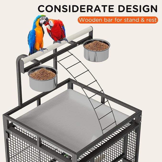 Garveehome 60 Inch Wrought Iron Large Bird Cage with Play Top, Stand | Rolling Metal Black Parrot Cage with 4 Stainless Steel Bowls for African Grey Cockatiel Sun Parakeet Conure Lovebird Budgie - Image 4