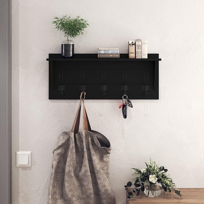 Wall Mounted Coat Rack Shelf, Rustic Wooden Country Style 24" Entryway Shelf with 5 Rustic Hooks featuring Solid Pine Wood. Perfect touch for your Entryway, Mudroom, Kitchen, Bathroom and More, Black - Image 7