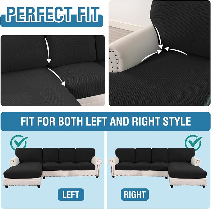 H.VERSAILTEX Sectional Couch Covers 8 Pieces Stretch Sofa Covers for Sectional Sofa Set Separate L Shaped Couch Cover for Both Left/Right Couch (Seat and Back: 1 Chaise + 3 Sofa, Black) - Image 5