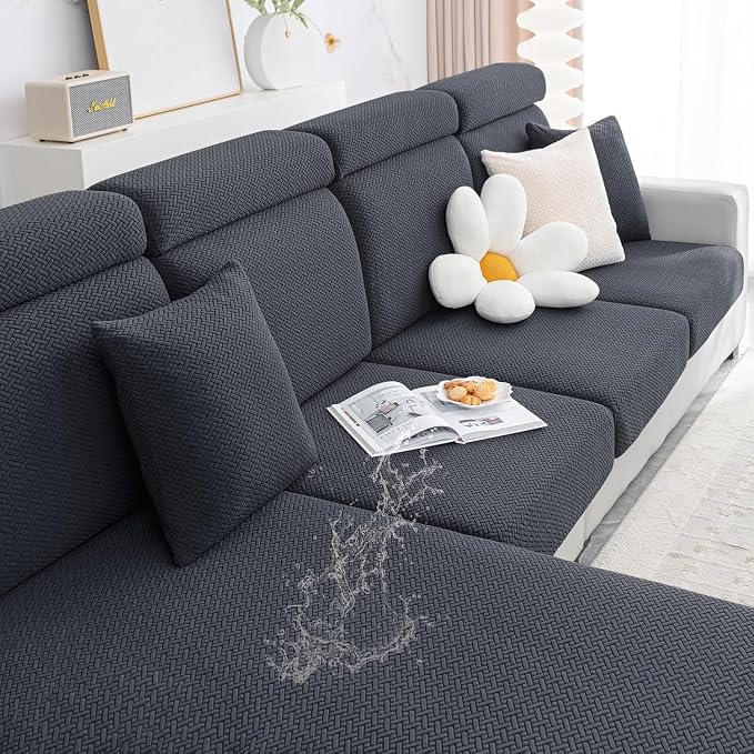 Smiry Waterproof Couch Cushion Covers, L Shape Sectional Couch Covers | Stretch Jacquard Chaise Lounge Sofa Slipcover, Washable Elastic Furniture Protector for Pets, Chaise, Dark Grey by Smiry