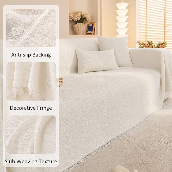 Luxury White Soft Thick Slub Chenille Couch Cover Large 71x118 in | for All Shape Sofa Couch, Slub Furniture Protector Machine Washable, White Sofa Slipcover for Dogs Pets Kids - Image 4