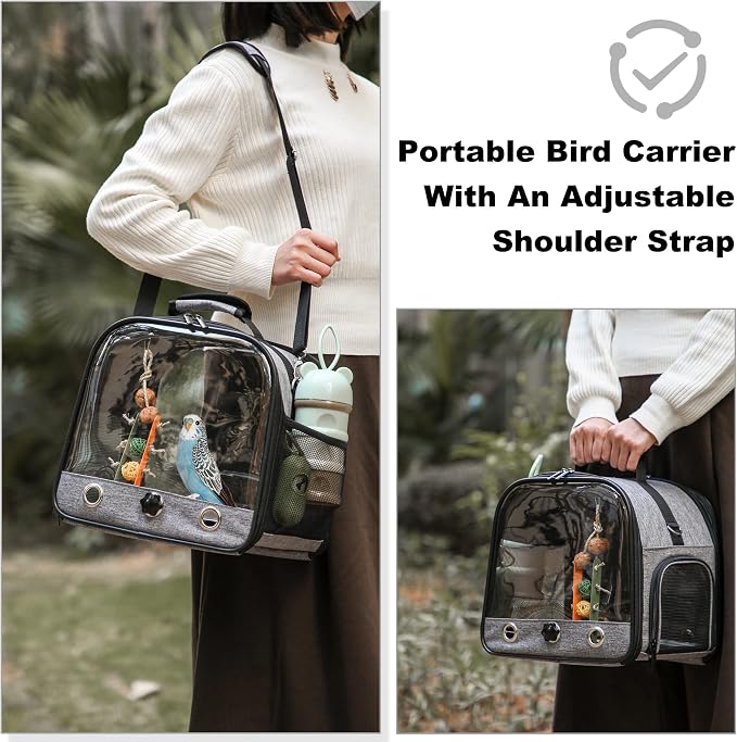 Small Bird Carrier Bag with Stand, Lightweight Backpack for Parrot, Portable Cockatiel Travel Cage with Bird Toy, Pet Transparent Breathable Carrier, Gray - Image 5