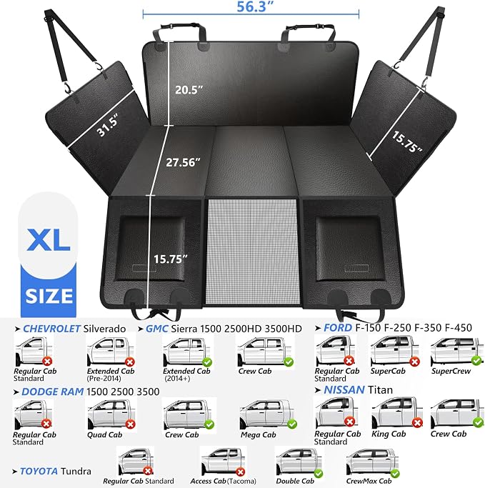 Truck Back Seat Extender for Dogs - Dog Seat Cover Back Seat for Trucks with Hard Bottom, Waterproof Anti Scratch Dog Travel Hammock for F150 RAM Silverado Sierra Tundra, Black - Image 6