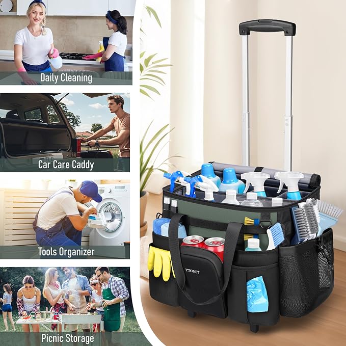 Ytonet Cleaning Caddy with Wheels, Extra Large Rolling Cleaning Caddy Bag with Detachable Trolley for Housekeepers, Water Resistant Cleaner Supplies Organizer with Wheels for Kitchen, Tool Organizer - Image 8