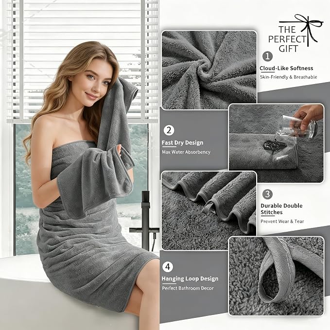 Extra Large Bath Sheet 4 Piece (35"x70")-Ultra Soft Oversized Bath Towel,Bath Sheet Towel Set for Bathroom Hotel,Highly Absorbent Quick Dry Shower Towel Set for Adults,Bath Towel Dark Grey - Image 2