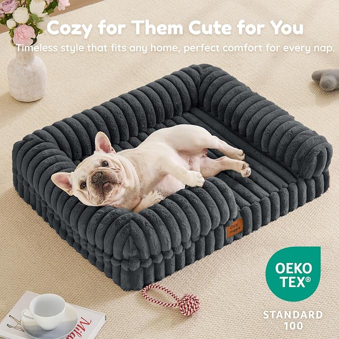 ChiXnuggle Faux Fur Orthopedic Dog Bolster Bed, Waterproof Washable Cover | rectangular dog sofa couch,egg crate foam,non-slip bottom,for small medium dogs,dark grey,30*24*7,puppy bed - Image 8