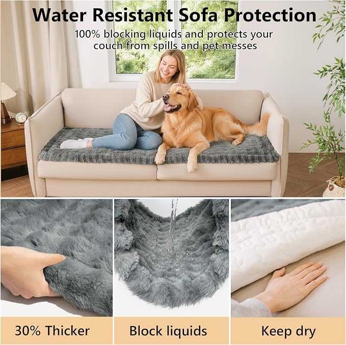 Couch Covers for Dogs, Non-Slip Pet Sofa Cover 27.6"×59" Grey | 300gsm Thick Quilted Padding, Faux Rabbit Fur, Machine Washable, for Standard Loveseat/2-Seater Couch - Image 3