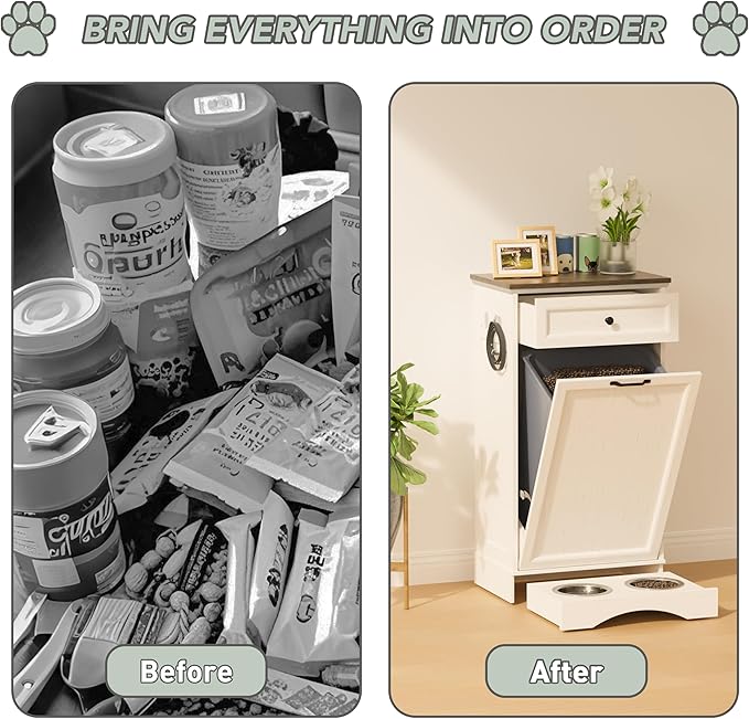 FIMELLO 21 ''WX 13''DX39''H Dog Feeding Station with 2 Feeding Bowls, Tilt-Out Dog Food Storage Cabinet with Drawer,Pet Feeder Cabinet,White Grain - Image 5