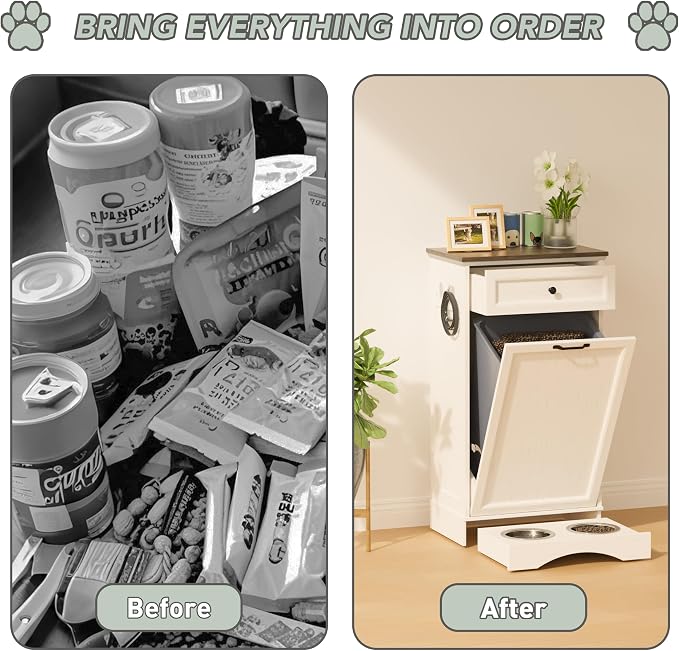 FIMELLO 21 ''WX 13''DX39''H Dog Feeding Station with 2 Feeding Bowls, Tilt-Out Dog Food Storage Cabinet with Drawer,Pet Feeder Cabinet,White Grain - Image 5