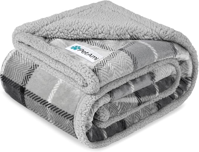PetAmi Waterproof Dog Blanket for Couch, Pee Proof Fleece Reversible Pet Throw, Furniture Protector for Bed Sofa Kennel, Soft Washable Cover for Small Medium Dog Puppy Cat, 29x40 Plaid Light Grey by PetAmi