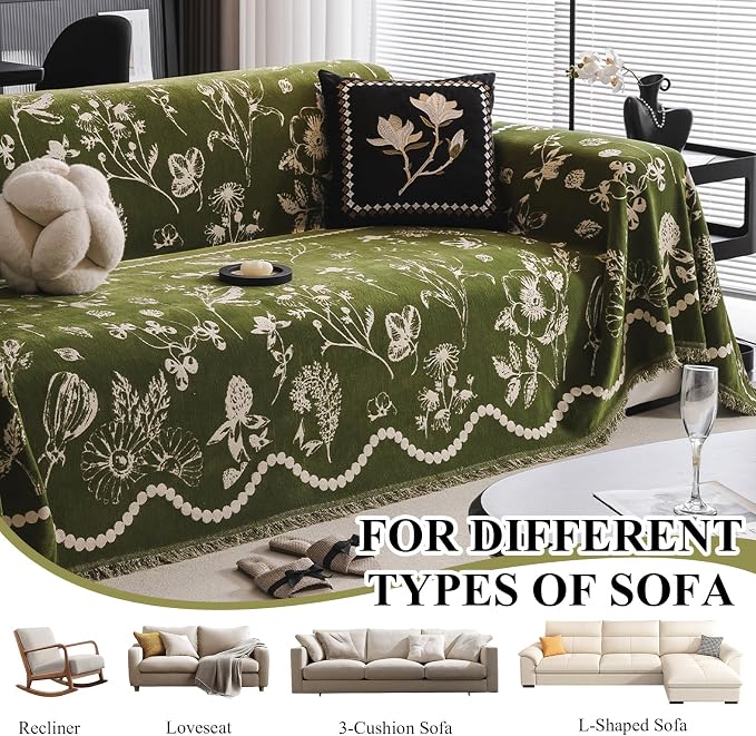 STACYPIK Green Botanical Floral Print Sofa Cover for Pets, Soft Jacquard Couch Cover for 3 Cushion Couch Washable, Tassels Couch Blanket Slipcover for Living Room, Non Silp Dog Sofa Protector-71X150IN - Image 6