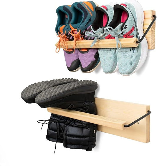 Wall Mounted Shoe Rack - A Wooden, Modern, Slim, and Small Shoe Storage Solution for Shoes and Boots in Narrow Spaces, entryways, or hallways. (20-in-Wide, Pack of 2) by PeachyModern