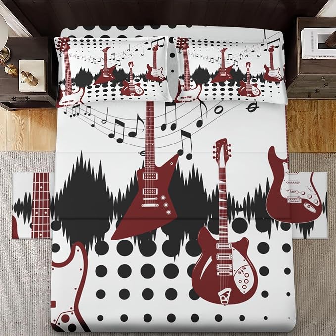WeCozy Twin Size Bed Sheet Sets with Pillowcases, Guitar Rock Music 3 Pcs Soft Microfiber Bedding for Kids and Adults, Musical Play Flat, Fitted Sheet for Bedroom Bed Decor - Image 3