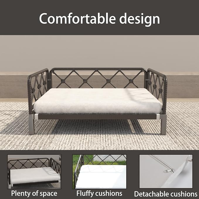 Elevated Waterproof Dog Beds with Egg Crate Foam Support, Outdoor Dog Sofa Bed PE Wicker Orthopedic Pet Bed with Washable Removable Cushion for Large, Medium, Small Dogs (White) - Image 4