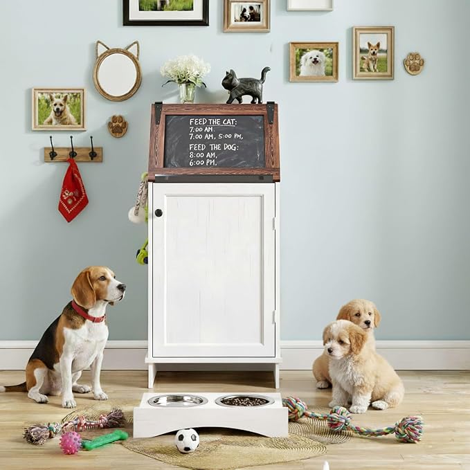 FIMELLO Dog Feeding Station with Storage, Dog Food Cabinet with 2 Hidden Feeding Bowls, Flip-Top Pet Storage Cabinet, Pet Food Holder, White Grain - Image 8