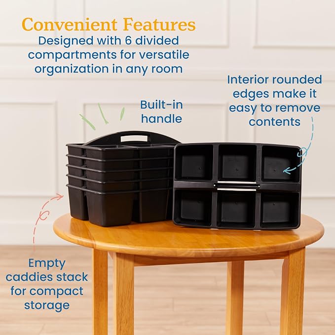 ECR4Kids 6-Compartment Large Plastic Caddy, Multipurpose Organization, Black, 6-Pack - Image 5