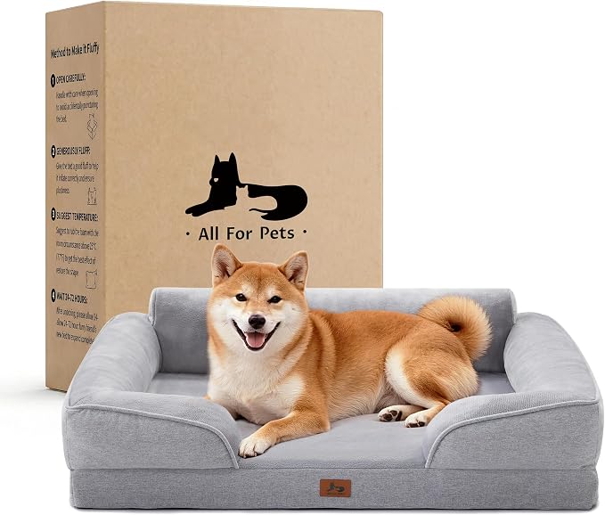 Orthopedic Dog Beds for Large Sized Dogs, Waterproof Egg-Crate Foam Pet Couch Bed with Soft Side, Non-Slip Dog Sofa with Flannel Removable Washable Cover, 35"L Supportive Pet Sofa, Light Grey by WARMREST