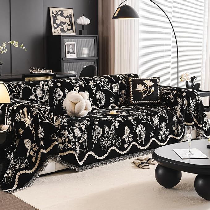 STACYPIK Vintage Botanical Print Couch Cover for Dogs, Jacquard Floral Black Sofa Covers for 3 Cushion Couch, Farmhouse Chenille Couch Protector for Loveseat, Sectional Slipcovers Washable-71X134IN - Image 2
