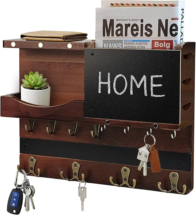 Key Holder for Wall Mount with Shelf and Mail Organizer, Key and Mail Holder with 16 Hooks, Farmhouse Entryway Organizer, Home Decor Rack(Pine Wood, Brown) by HEKOOLA