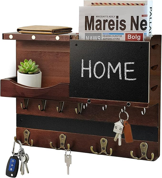 Key Holder for Wall Mount with Shelf and Mail Organizer, Key and Mail Holder with 16 Hooks, Farmhouse Entryway Organizer, Home Decor Rack(Pine Wood, Brown) by HEKOOLA