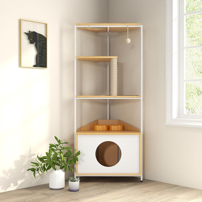 Corner Cat Tower, Cat Tree with Scratching Post, Cat Condo with Feeding Station and Climbing Platforms, Pet Furniture for Indoor Cats - Image 2