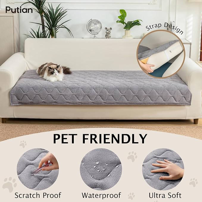 PuTian Waterproof Couch Cover for Dogs, Slip Straps, 36"X63", Dark Gray | Washable Sofa Cover，Pet Friendly Couch Protector & Dog Mat, Waterproof Furniture Guard for Sofas, Loveseats & Sectionals - Image 2