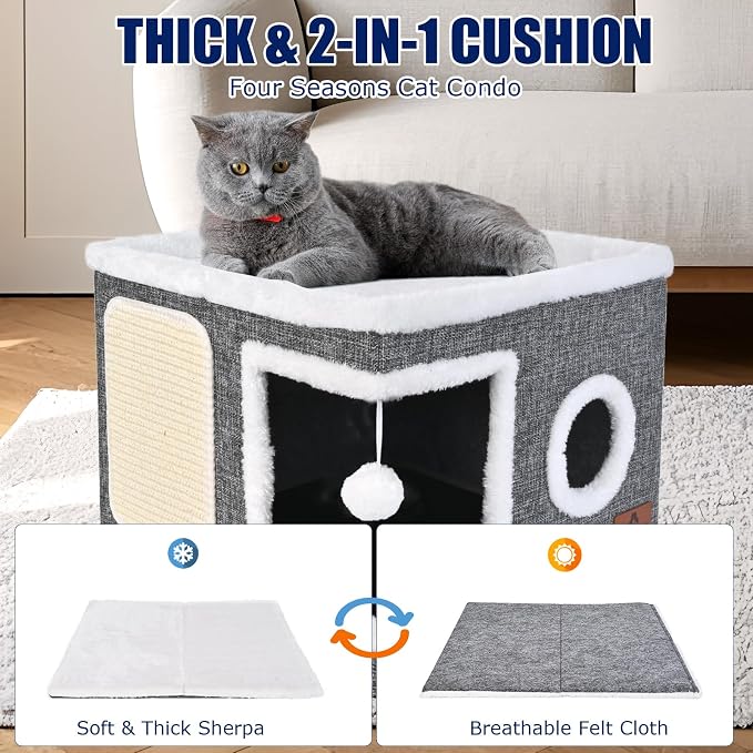 Cat Beds for Indoor Cats, Large Cat Cave Bed with Scratch Pad and Fluffy Ball, Foldable Cat Hideaway, Cat House with Reversible Cushion for Multi Small Pet Up to 30LBS, Grey - Image 6