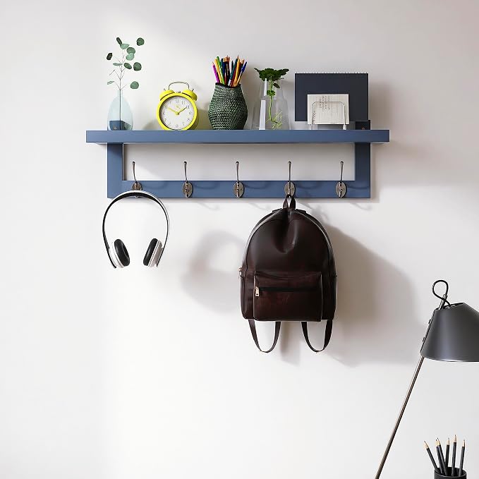 SMIBUY Coat Hooks with Shelf Wall-Mounted, 29.2 Inch Entryway Coat Rack for Wall, Bamboo Hanging Shelf with 5 Double Metal Hooks for Bathroom, Bedroom, Kitchen, Living Room, Mudroom (Grey) - Image 2