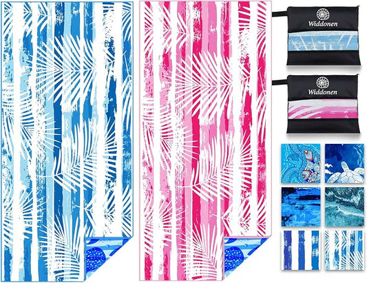 Widdonen Microfiber Beach Towel,Compact 2 Pack-71x32 Inch with Bag Travel | Extra Large,Lightweight,Thin,Sand Free,Quick Dry,Absorbent.Packable for Camping,Swim,Pool,Bath,Picnic,Cruise Essentials Gift by WIDDONEN