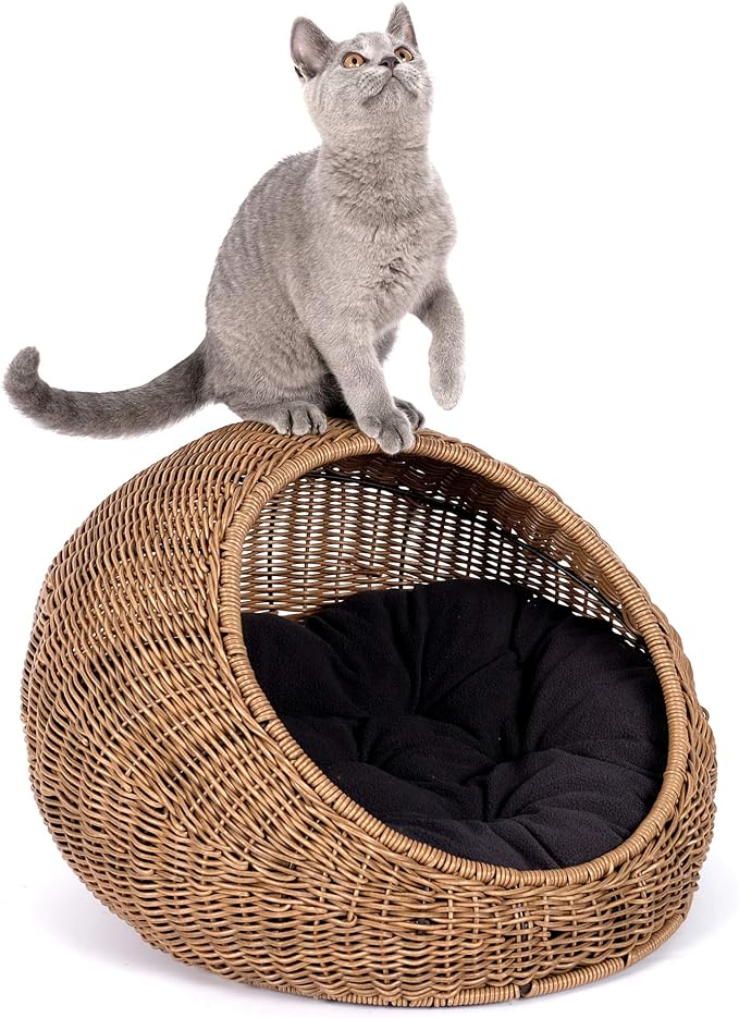 D+GARDEN Wicker Cat Bed Dome for Medium Indoor Cats - a Covered Cat Hideaway Hut of Faux Rattan Houses Pets in Dome Basket, Washable - Image 3