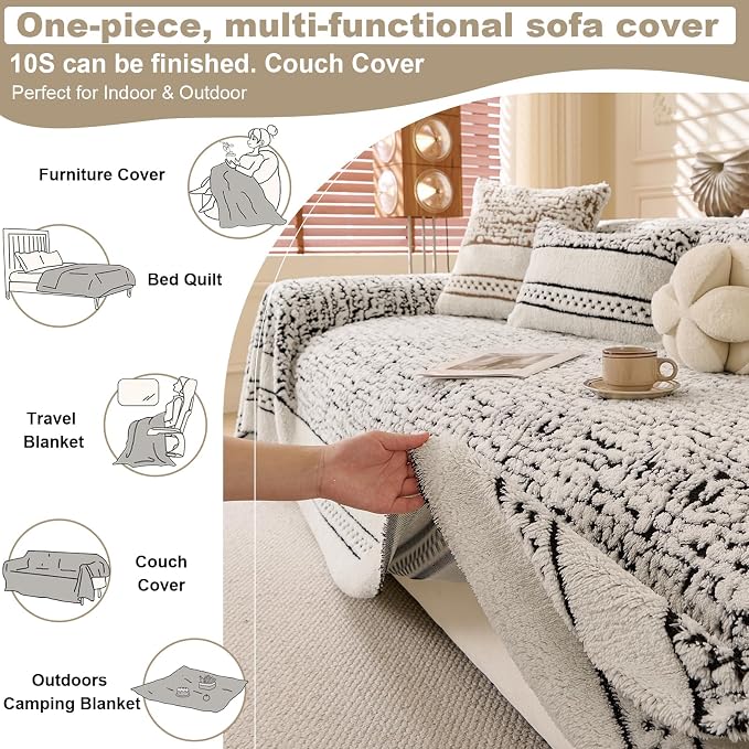 ROOMLIFE Thicked Striped Boho Black Couch Cover for 2-3 Cushion Sofa, Fuzzy Plush Warm Sofa Slipcovers Sectional Sofas Covers, Non Slip Washable Furniture Protector Soft with Tassel,Winter 71''X118” - Image 5